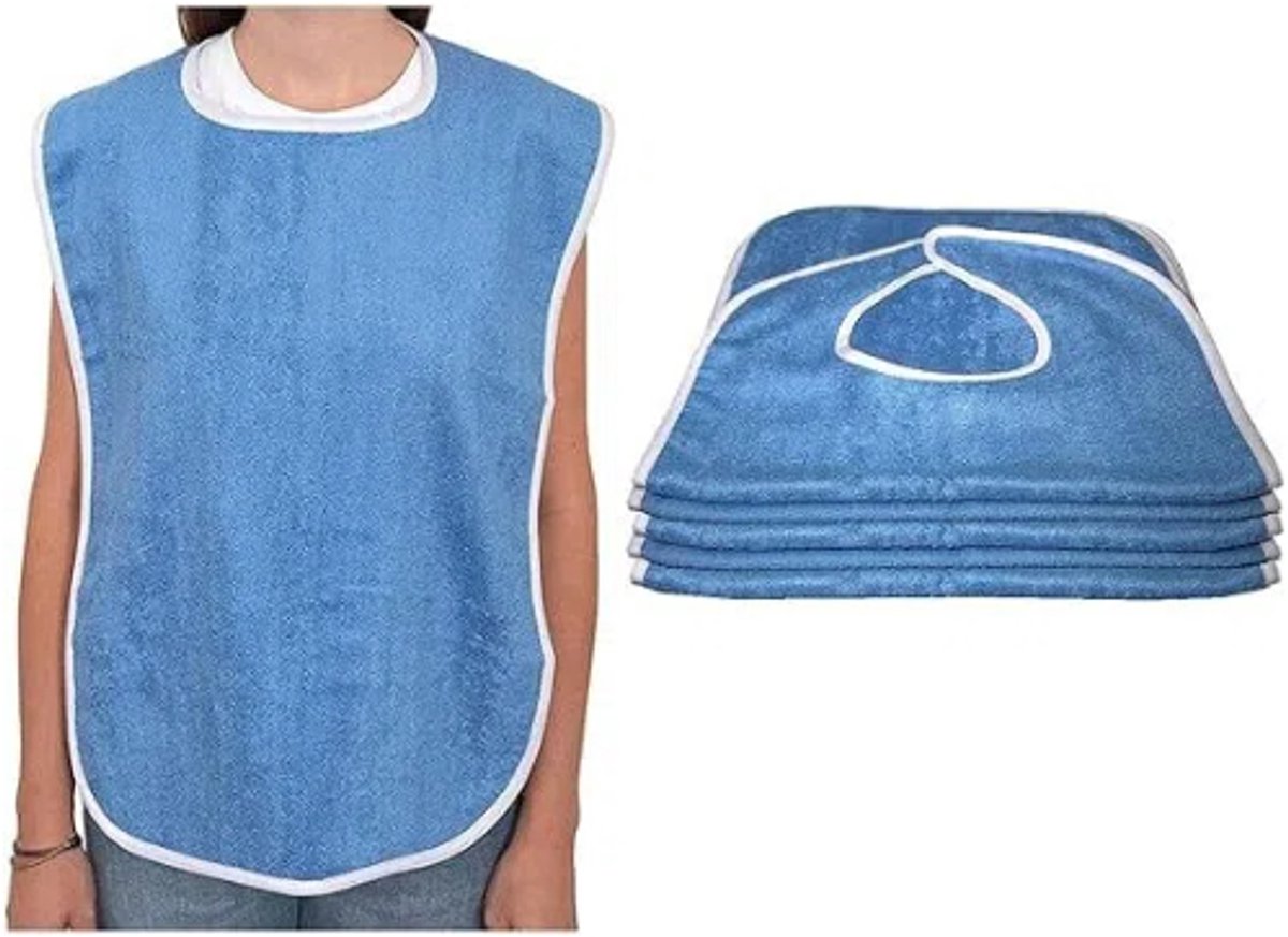 Image of 5 Pack Slabbetjes voor Volwassenen - Verstelbaar Badstof Slabbetje - Eetdoek en Kledingbeschermer - Geschikt voor Ouderen, Senioren en Gehandicapten - Machinewasbaar - Blauw