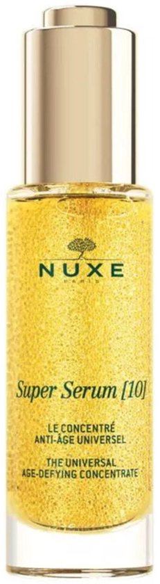Glazen flesje Nuxe Super Serum [10] gevuld met gouden, sprankelend serum en met gouden dop.