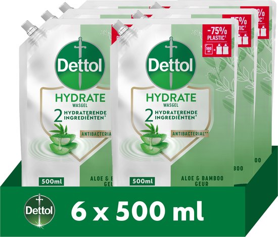 Dettol Handzeep - Hydrating Wasgel Navulling - Aloe Vera & Bamboe - 6x500ml - Voordeelverpakking