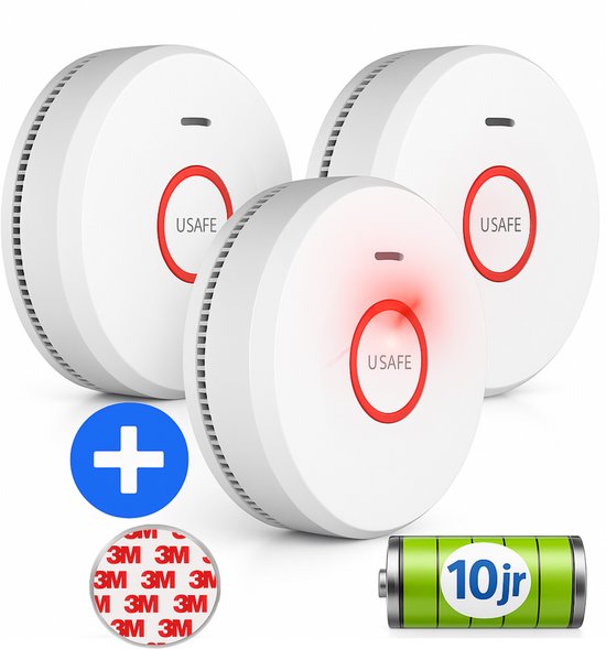 USAFE® Rookmelder Set 3 Stuks – 2+1 Gratis Inclusief Magneetmontage – 10 Jaar Batterij – 85dB Alarm & LED – Brandalarm EN 14604 Gecertificeerd