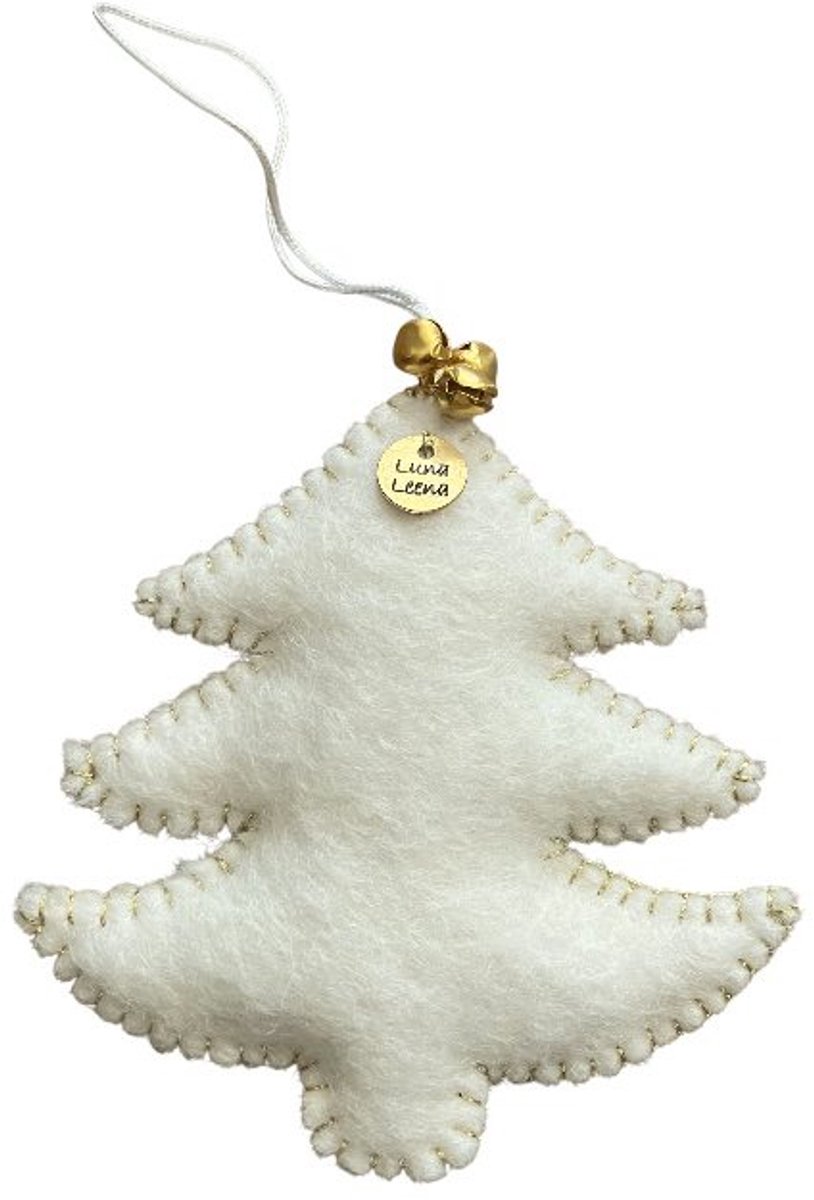 Luna-Leena duurzame kerstboom hanger - plat - off white + goud accent - vilt wol - handgemaakt in Nepal - kersthanger - kerstcadeau - tree hanger - Christmas ornament - cadeau - kerst gift - kerstfeest