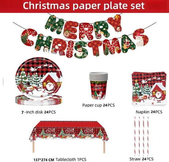 Kerst Tafeldecoratie Set - feestserviesset - Kerst Serviesset - 24 stuks ( bekers, rietjes, borden (ø 18 cm), servetten )& 1 tafelkleed (137x274 cm) - Feestelijke kersttafel versiering van Merkloos — afbeelding 3