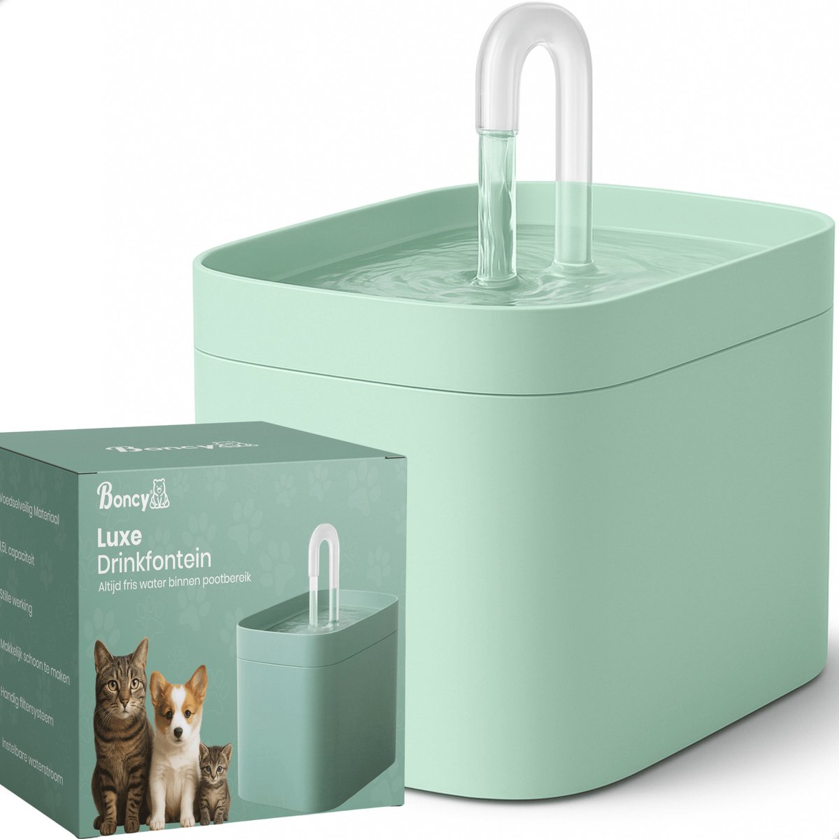 Boncy® Luxe Drinkfontein Kat & Hond - Waterfontein met Stille Pomp - Automatisch Circulatie Filter - Kattenfontein Groen - drinkfonteinen - Katten fontein drinkbak - waterdispenser