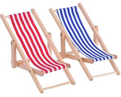 Miniature Beach Chair Set of 2 Miniature Beach Chair Decoration Wooden Mini Lounger Decoration Small Foldable Beach Micro Landscape Blue White Fabric Seat 11 x 5 cm