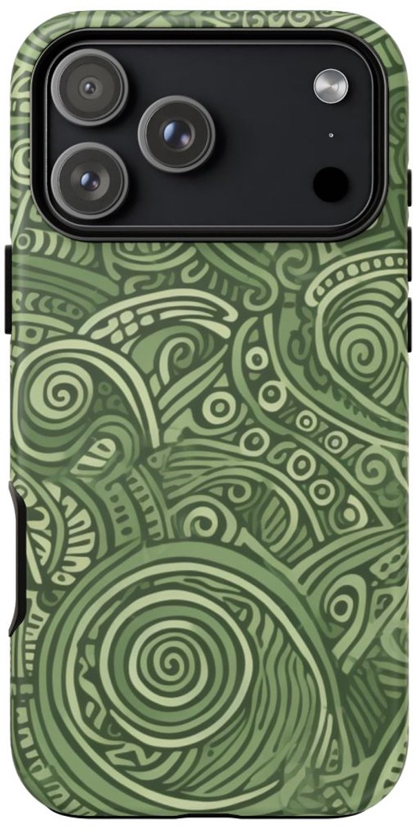Abstract Groen Tribal Doodle Patroon – Telefoonhoesje Geschikt voor iPhone 17 Pro Max
