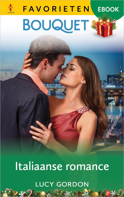 Een man in een pak en een vrouw in een rode jurk omhelzen elkaar op een balkon met uitzicht op een stad bij nacht. Italiaanse romance.