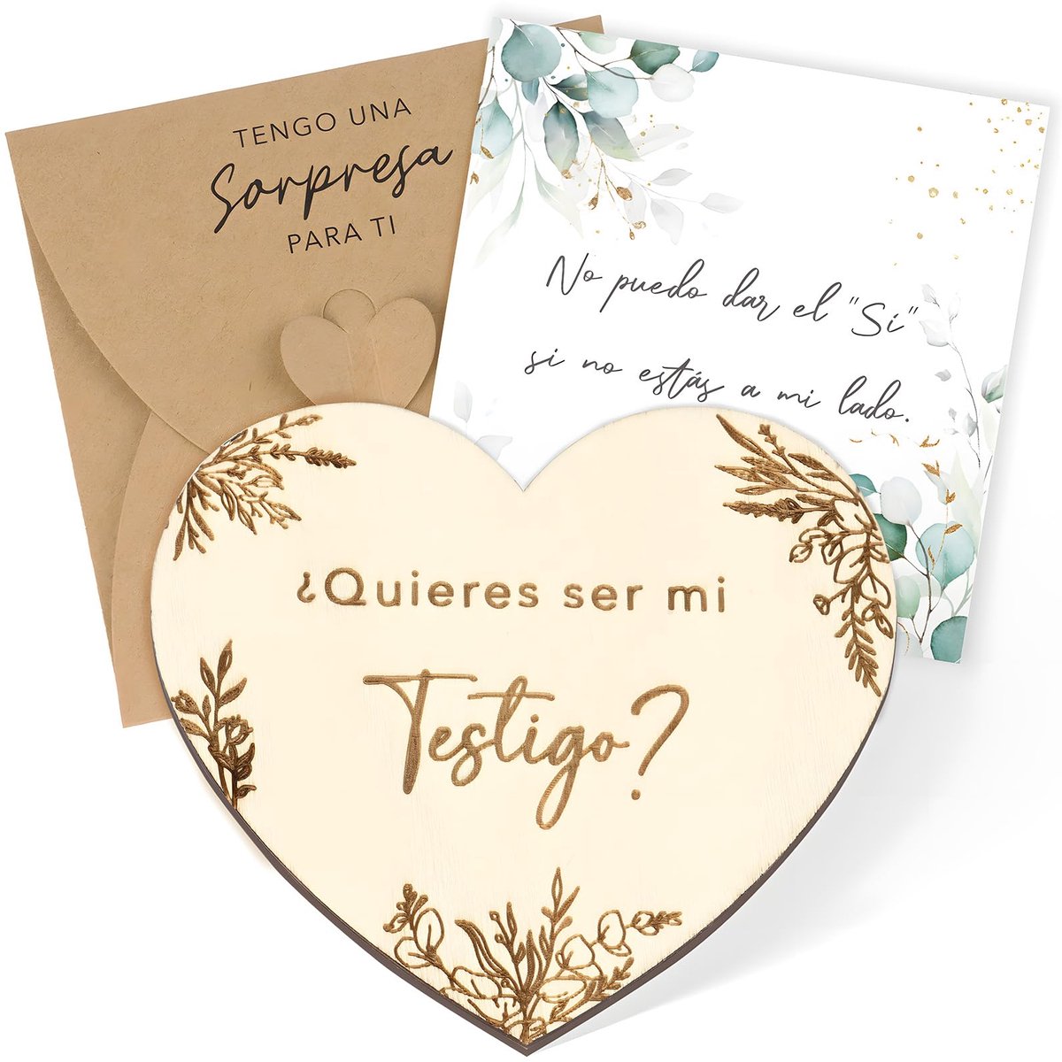 Greeting cards heart of wood with inscription "Quieres ser mi testigo?
