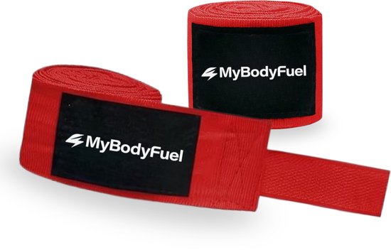 Twee opgerolde rode bokshandschoenen van MyBodyFuel met klittenbandsluiting.