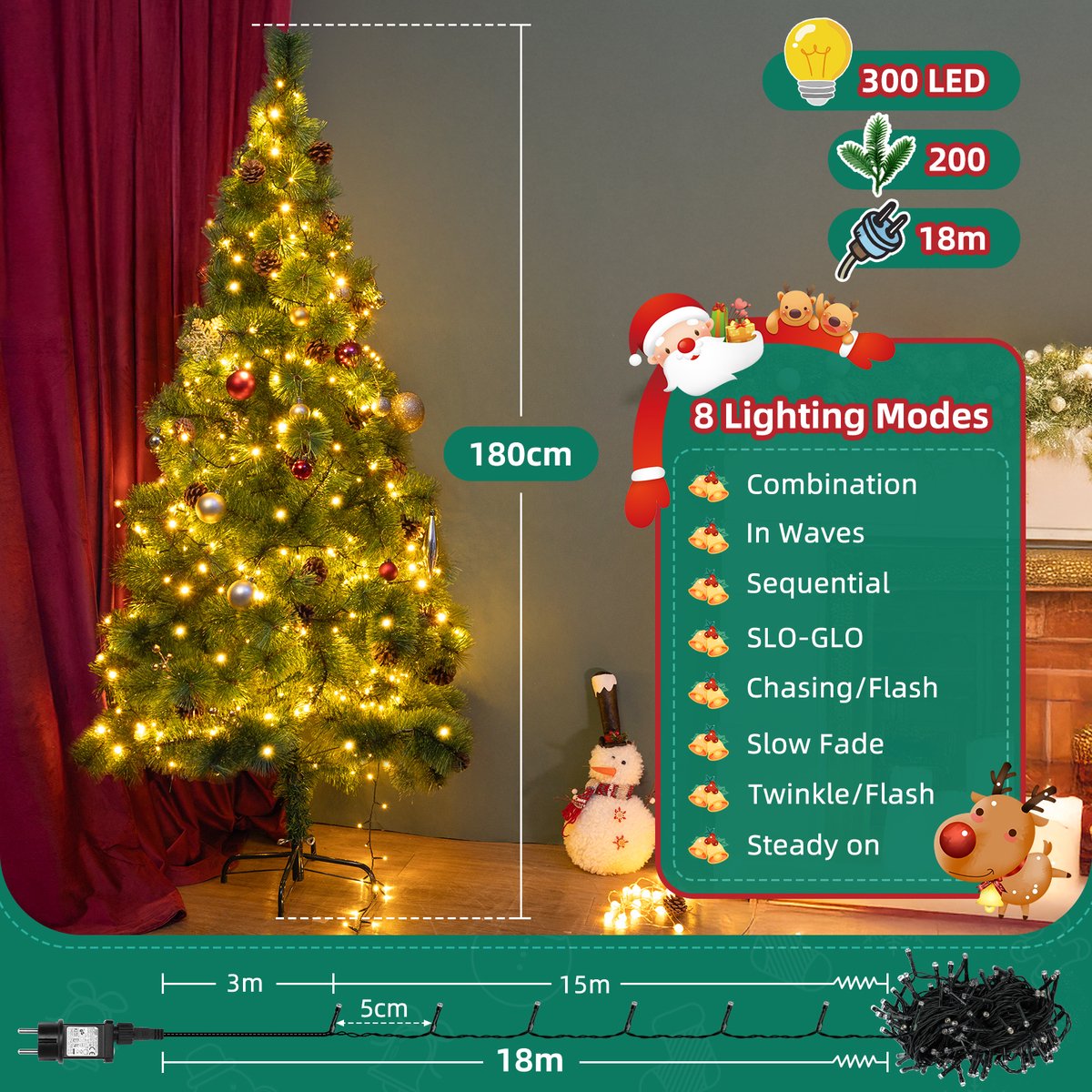 Aigostar 10BZQ - Kunstkerstboom met LED Verlichting - Kerstboom - 180 CM - 300 LED-licht - Kerstboom - Metalen standaard - Groene – foto 2