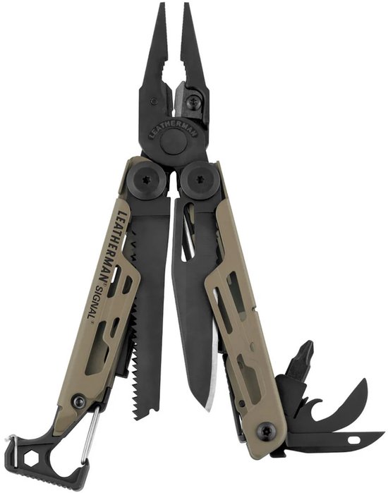 Leatherman Signal multitool, geopend, met tang, mes, zaag en andere gereedschappen. De behuizing is bruin met zwarte accenten.