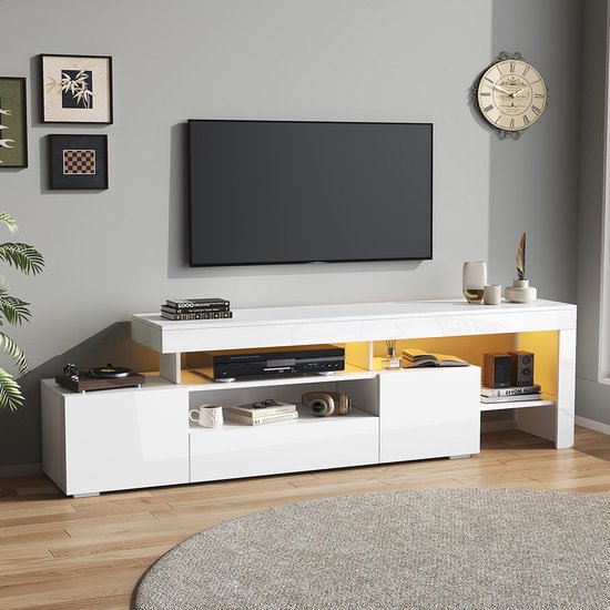 Meuble TV BLACKCOLORS 192*37*53 cm avec 3 caissons, support TV et meuble TV avec LED, meuble bas brillant et table TV, meuble TV et commode TV Convient aux téléviseurs jusqu'à 85 pouces, blanc