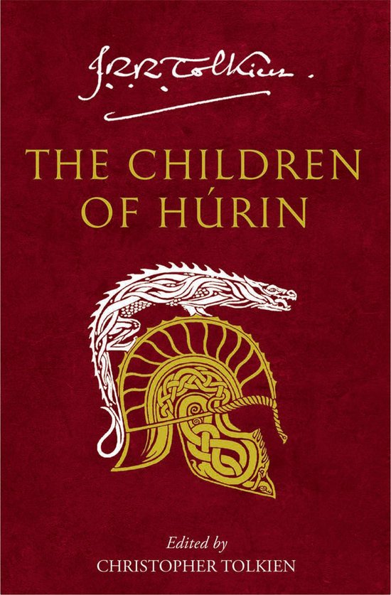 Livre "The Children of Húrin" sur une couverture bordeaux avec un casque doré et un dragon blanc.