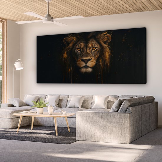 Canvas schilderij 200x100 cm - Exclusieve wanddecoratie Leeuw - Goud - Druppels - Muurdecoratie woonkamer - Slaapkamer decoratie - Kamer accessoires - Schilderijen op canvas