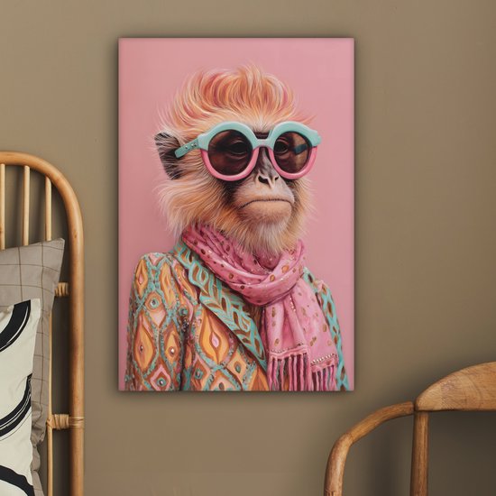 Tableau sur toile 60x90 cm - Décoration murale Foulard - Singe - Lunettes de soleil - Veste - Décoration murale salon - Décoration chambre - Accessoires chambre - Peintures sur toile