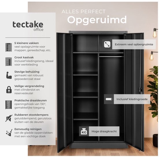 Tectake Afsluitbare Archiefkast – Set Van 2 – 180x90x40 Cm, 5 Verstelbare Planken Per Kast, Zwart Metaal