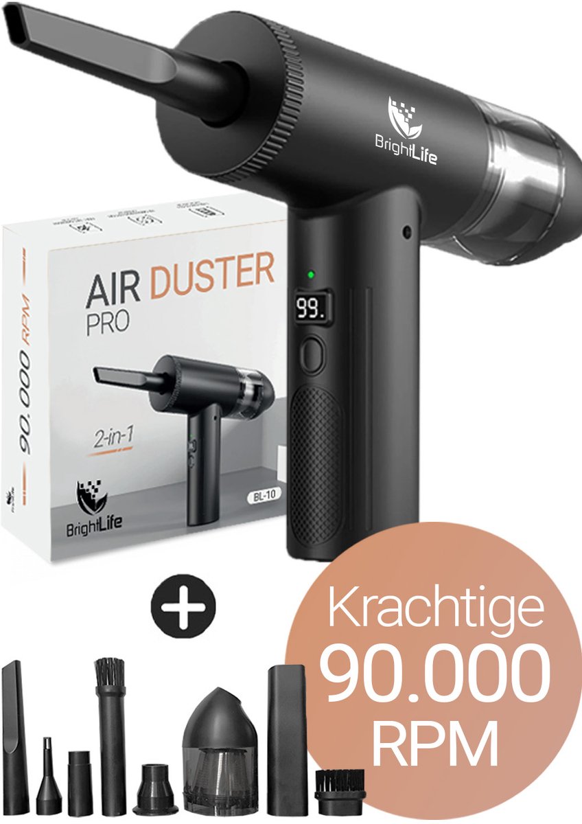 BrightLife Air Duster Pro - Perslucht Airduster - Blazen en Zuigen - 90.000 RPM - 12.5 KPA - Compressed Air - Oplaadbaar en Draadloos - Met 8 opzetstukken