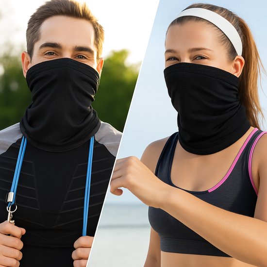 Man en vrouw dragen een zwarte nekwarmer. De man houdt een springtouw vast, de vrouw draagt een sportbeha en hoofdband.