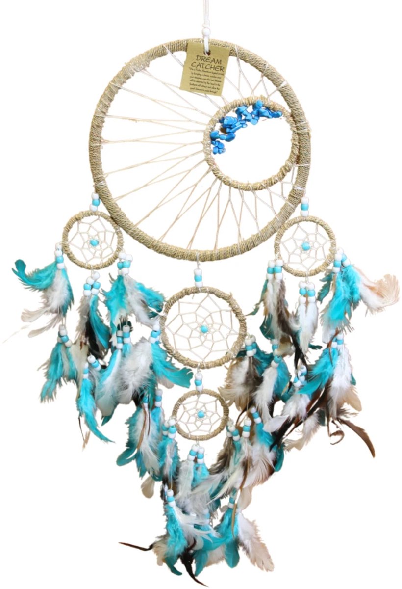 Ruben Robijn Dromenvanger - 22 cm - Turquoise steentjes met veren - 5 ringen Turkoois