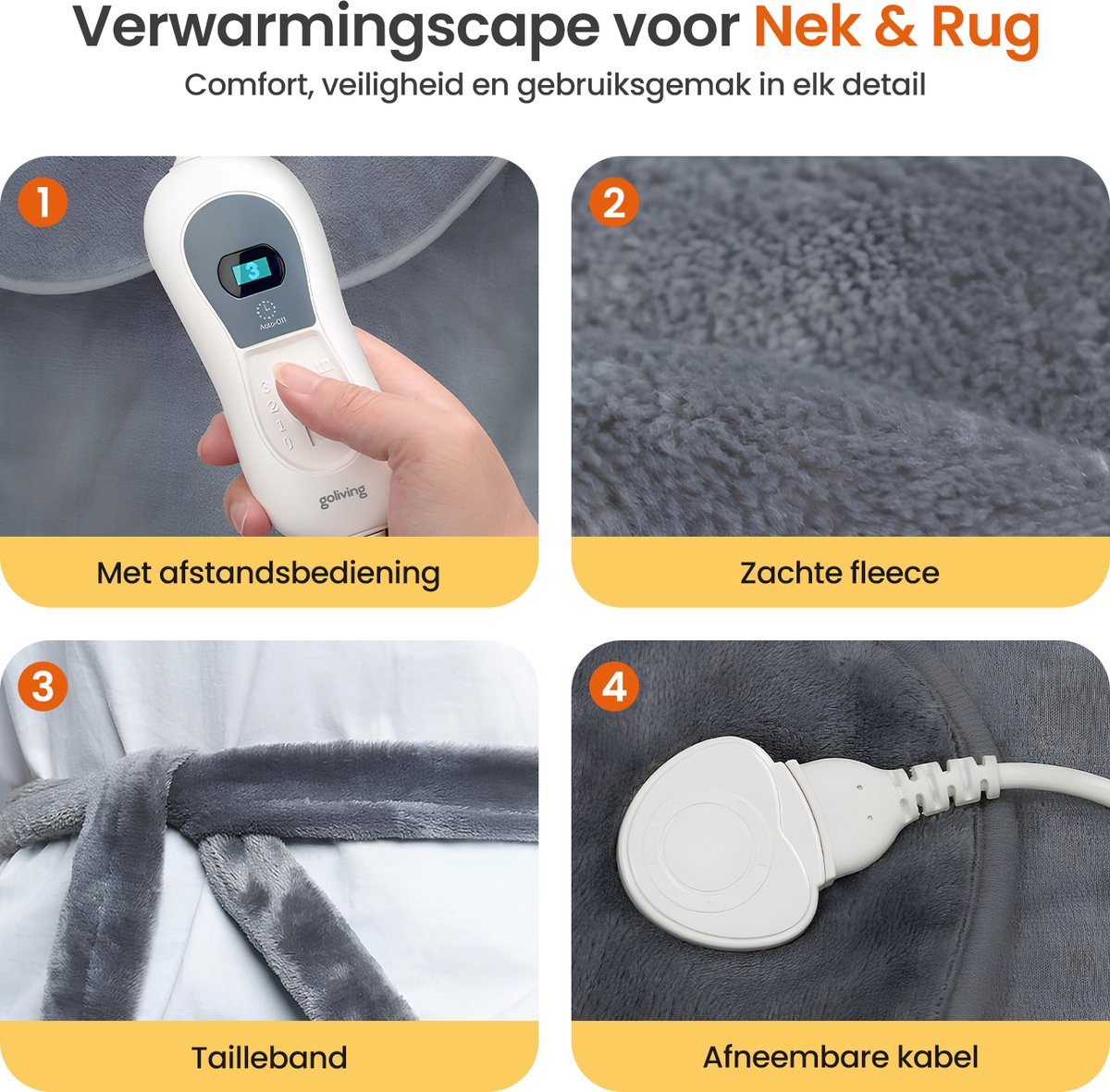 Goliving Elektrische Deken Voor Rug en Nek – Elektrische Warmtedeken – 3 Warmtestanden – Timerfunctie – Machinewasbaar – 100 Watt – 90 x 60 cm – Grijs thumbnail 5