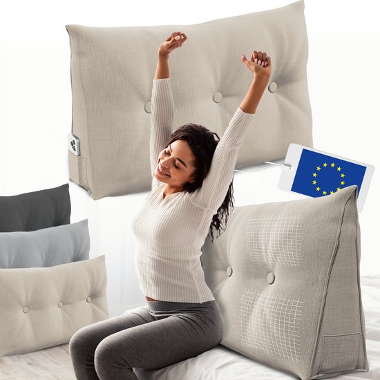 ELONEO Rugsteunkussen, Driehoekig Wigkussen en Hoofdbordkussen voor Bed en Sofa, Afneembare en Wasbare Hoes, Praktisch Zijvak