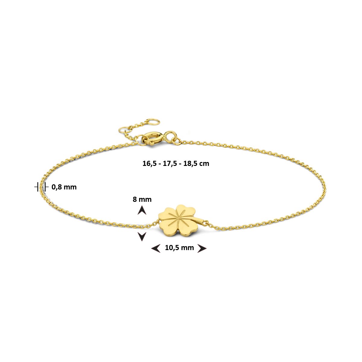 Lev Sieraden - 9k gouden armband met klaver - 16.5 - 17.5 - 18.5cm - Goud kleurige armband met een klavertje