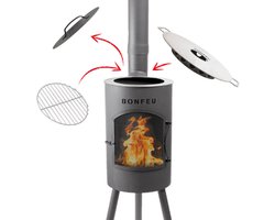 BonFeu BonGiano SP Tuinhaard Zwart Staal - Houtkachel met Grill - Buitenkoken - Tuinkachel voor Sfeervolle Avonden - 30x30x142 cm