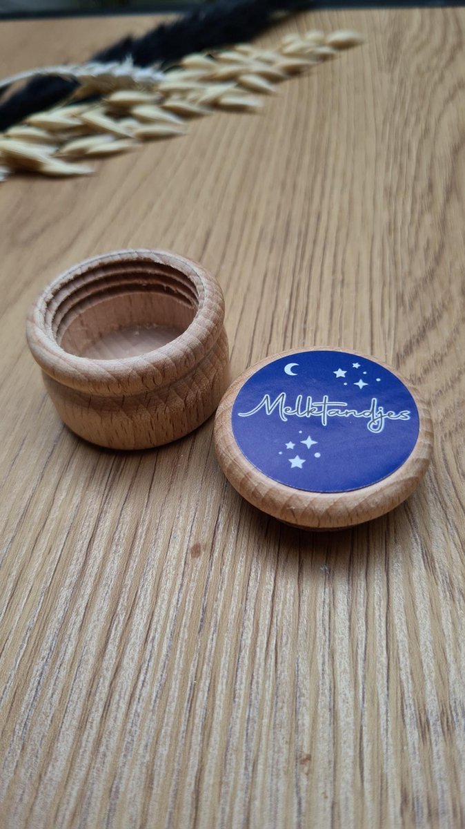1x Tanden Bewaarpotje - Houten Bewaardoosje | melktandjes | tandendoosje | opdruk: sticker Donker Blauw | bewaarpotje | tandenpotje