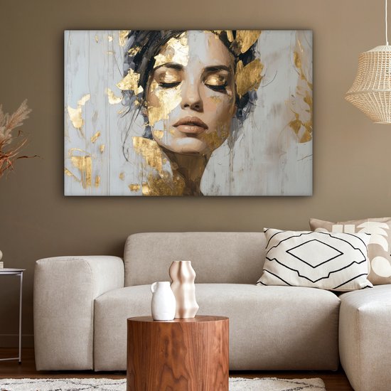 Peinture sur toile 120x80 cm - Décoration murale Gracieuse - Femme - Or - Yeux - Décoration murale salon - Décoration chambre - Accessoires chambre - Peintures sur toile