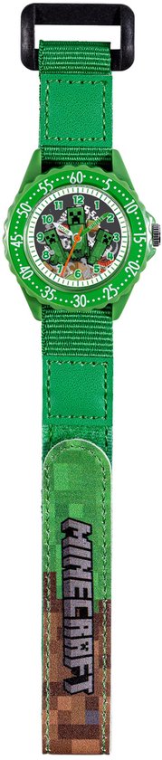 Groen horloge met Minecraft-personages op de wijzerplaat en een groene stoffen band met het Minecraft-logo.
