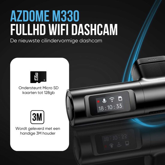 AZDome M330 FullHD Wifi Dashcam, cilindervormig, met Micro SD-kaart en 3M-houder.