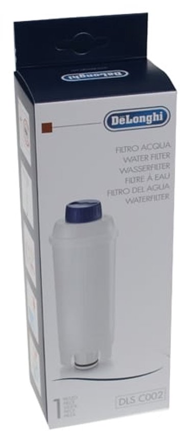 Blauwe DeLonghi verpakking met afbeelding van een wit waterfilter met blauwe dop.