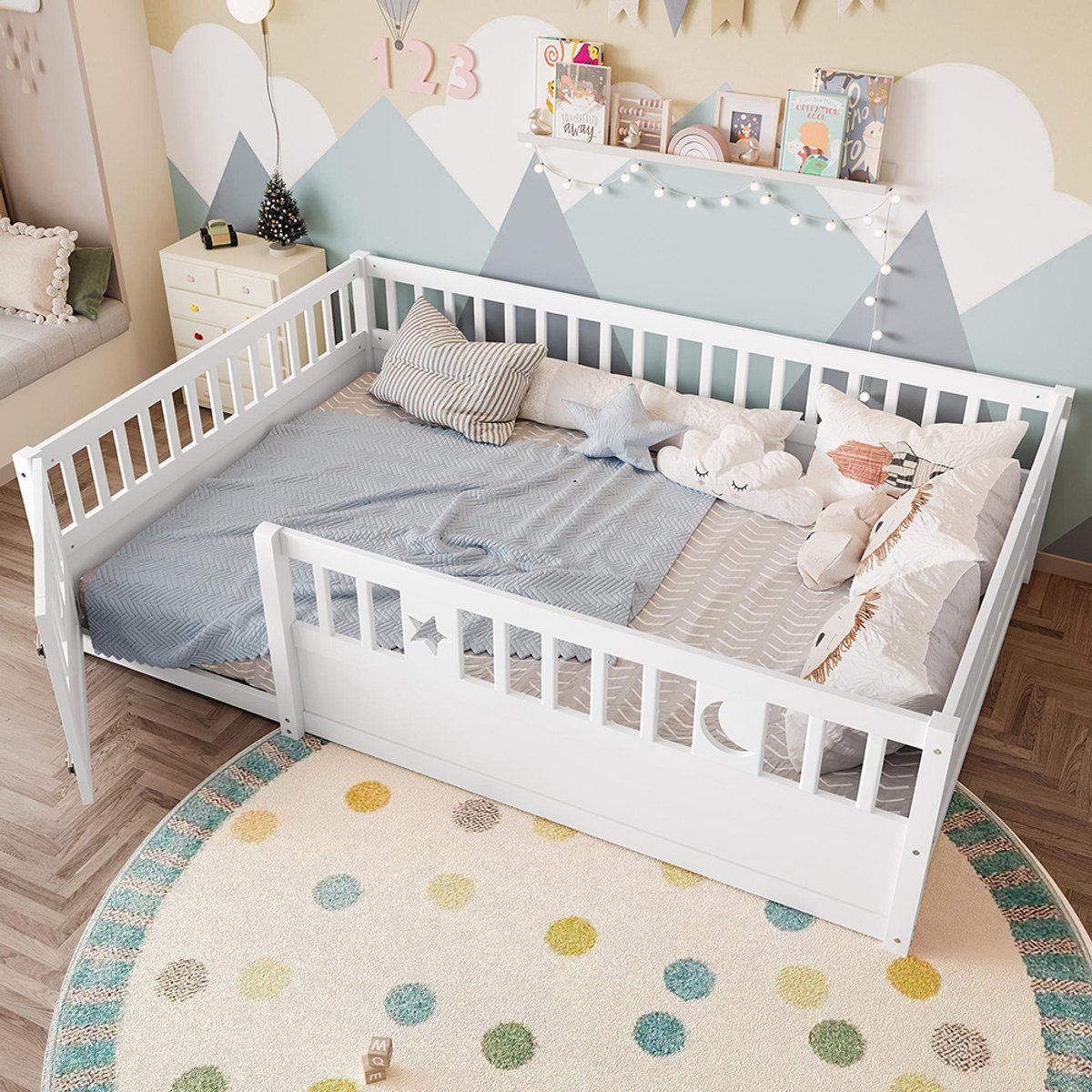 KOMHTOM BLACKCOLORS Paneelbed, 140 x 190 cm, kinderbed met barrières, sterren- en maandecor, zonder lattenbodem (zonder matras), minimalistische stijl, wit