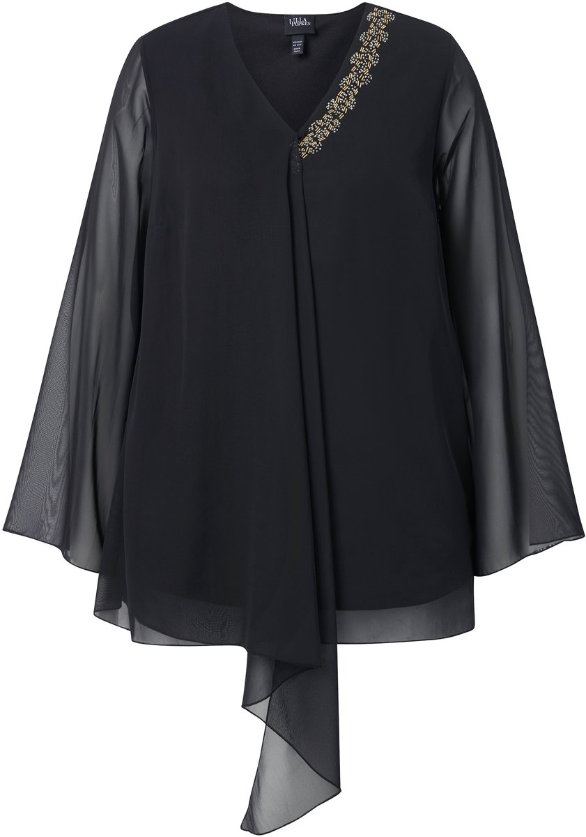 Ulla Popken - Dames - Chiffon blouse dubbellaags A-lijn V-hals lange mouw - Zwart - Maat 50+