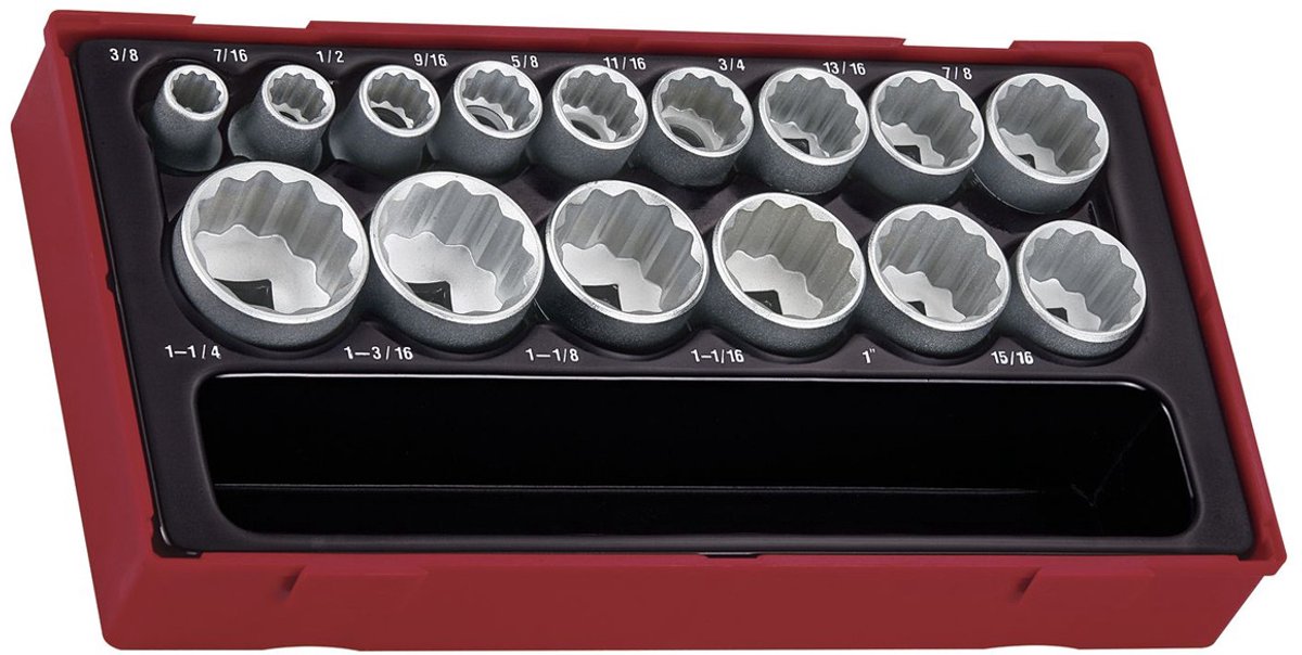 Doppenset AF TT1 tray 1/2" 12 kant 3/8" tot 11/4" 15 delig Teng Tools