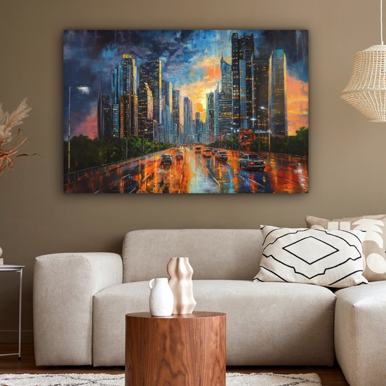 Tableau sur toile 140x90 cm - Décoration murale exclusive Voiture - Bâtiments - Soleil - Blauw - Décoration murale salon - Décoration chambre - Accessoires chambre - Peintures sur toile