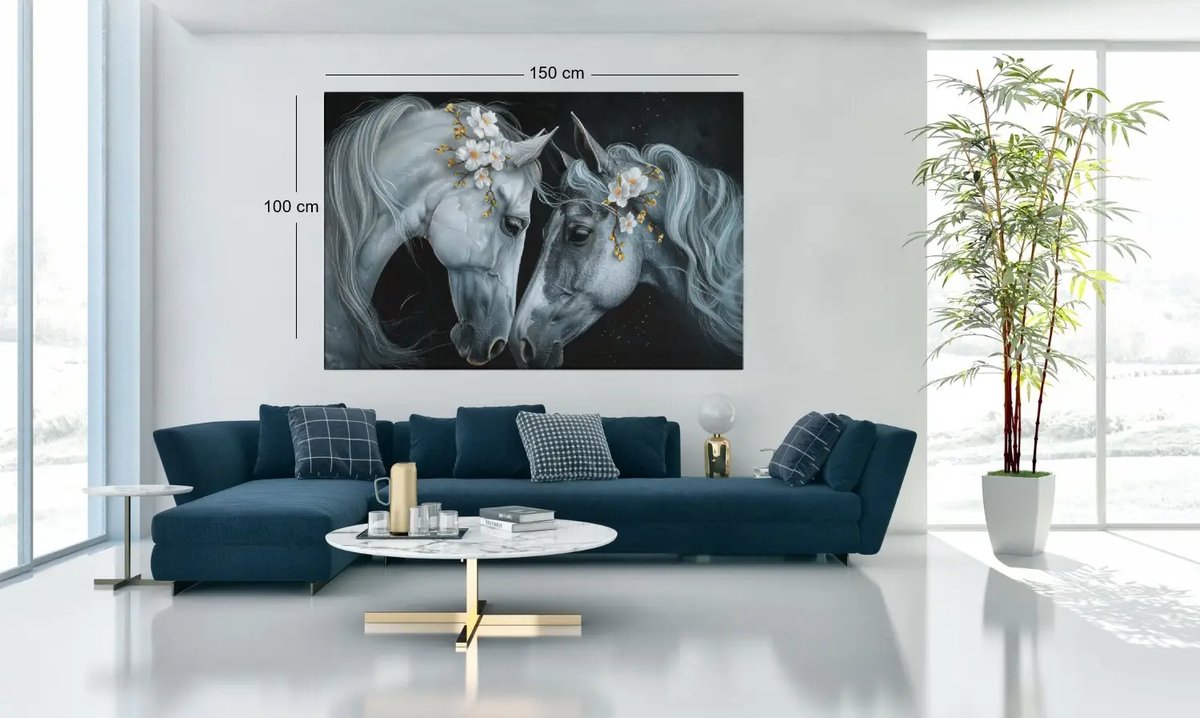 Trendex Global Canvas Schilderij - Witte Paarden met Bloemen - 150x100x2 cm