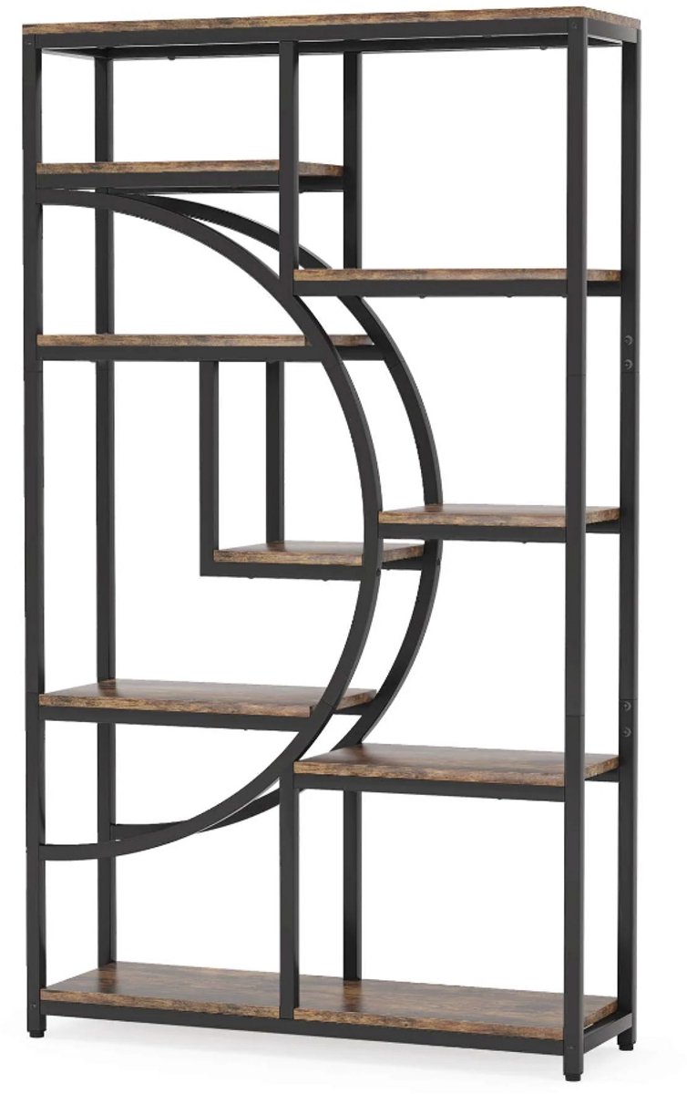 Boekenkast Half Moon – Open Wandkast met 9 Planken – Industrieel Design Zwart/Rustiek Brui