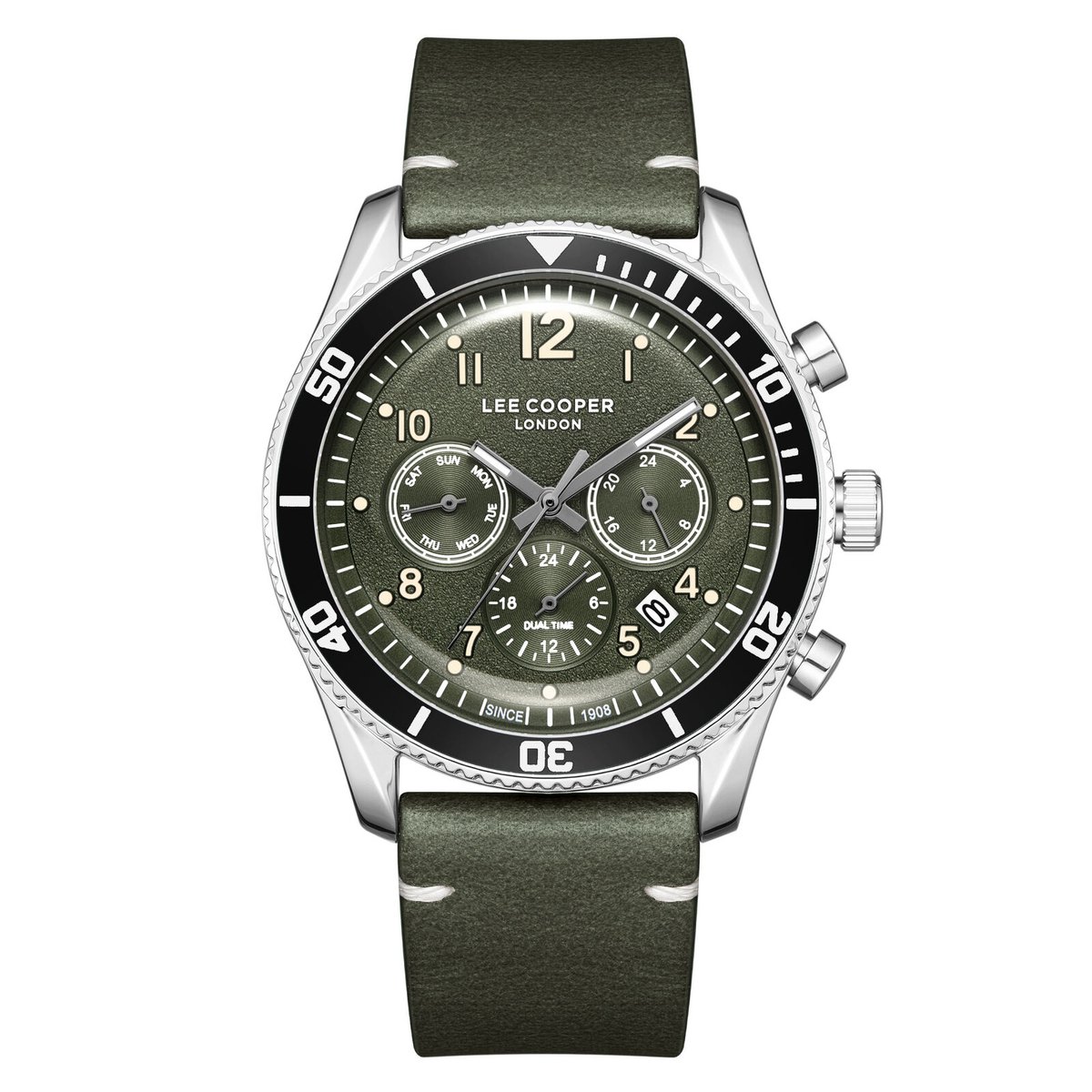 Lee Cooper LC08260.675 - Horloge - Polshorloge - Analoog - Heren - Mannen - Leren band - Metaal - Rond - Strepen- Cijfers - Stippen -Dagaanduiding - Datumaanduiding - Dual time - 12-24 - Bruin - Zilverkleurig - Kakigroen - Zwart - Wit - Beige