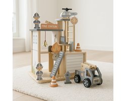 Maxx Kidz Houten Brandweerkazerne - Brandweer Speelgoed - Houten Garage met Brandweerauto en Accessoires - Peuter Speelgoed vanaf 2 jaar