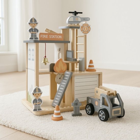 Maxx Kidz Houten Brandweerkazerne - Brandweer Speelgoed - Houten Garage met Brandweerauto en Accessoires - Peuter Speelgoed vanaf 2 jaar