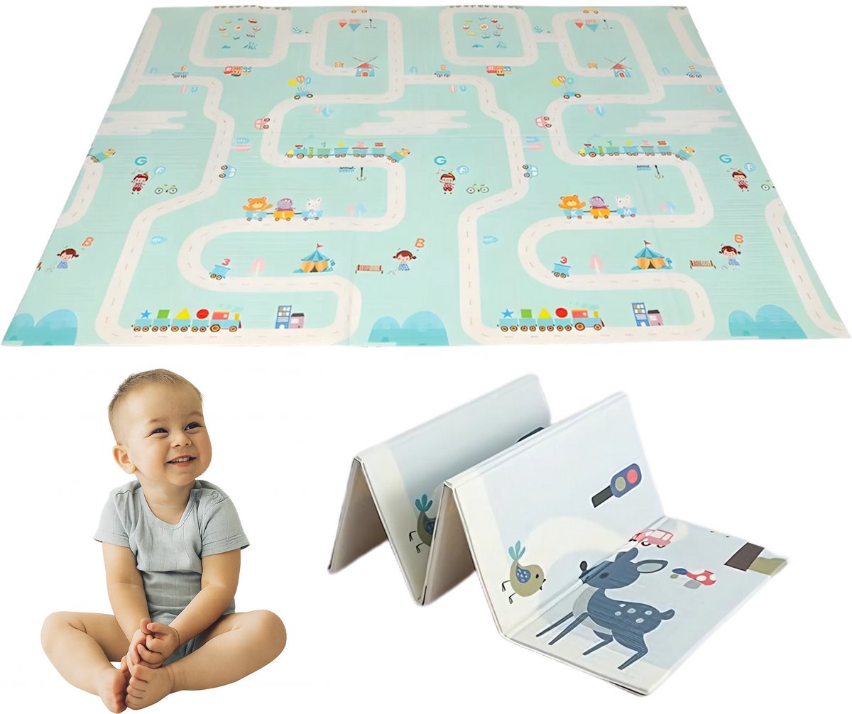Speelmat – Speelkleed - Babygym Kinderen – Zachte Kruipmat met autowegen en dieren – Boxkleed - Speelmat foam - Baby - Opvouwbaar - 150x200 cm - Babyshower - Inclusief opbergtas — afbeelding 9
