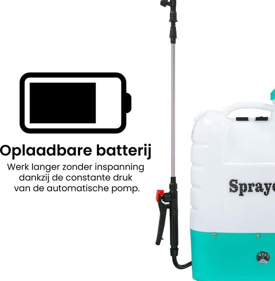 Elektrische Drukspuit 16 liter - Batterij Rugspuit met Automatische Pomp 3.1L/min - RVS Telescopische Lans - Sproeikoppen - Oplaadbare 12V Accu - Tuinspuit - Onkruidspuit - Plantenbesproeier — afbeelding 4
