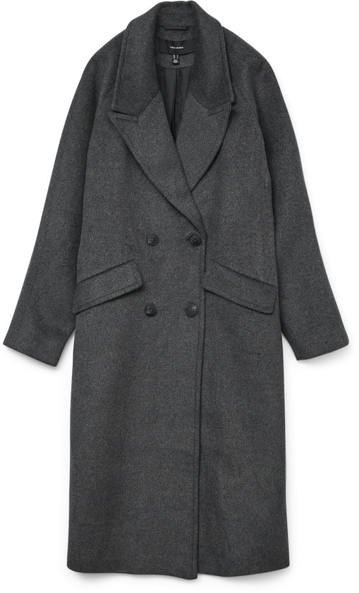 Manteau long en laine gris foncé chiné avec col à revers, double boutonnage à quatre boutons et deux poches passepoilées, posé à plat.