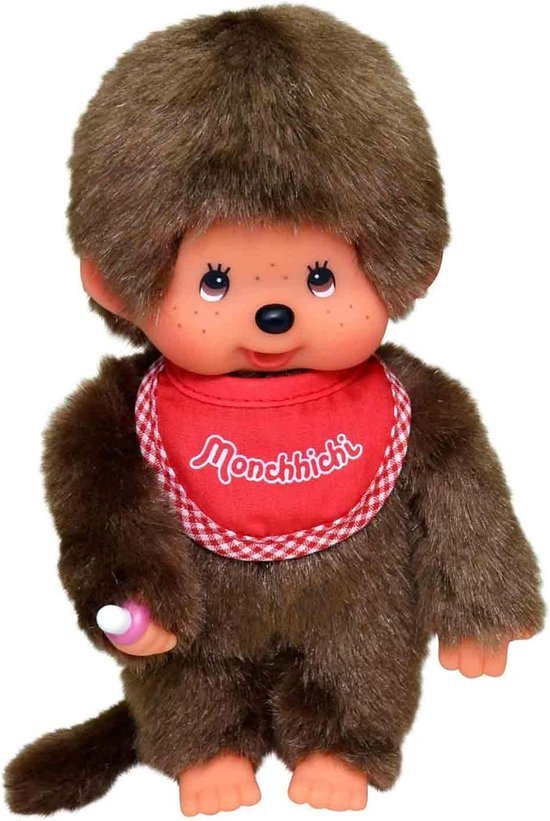 Originele Monchhichi jongen - Bruin pluche met rood slabbetje, 20 cm van Monchhichi — afbeelding 4