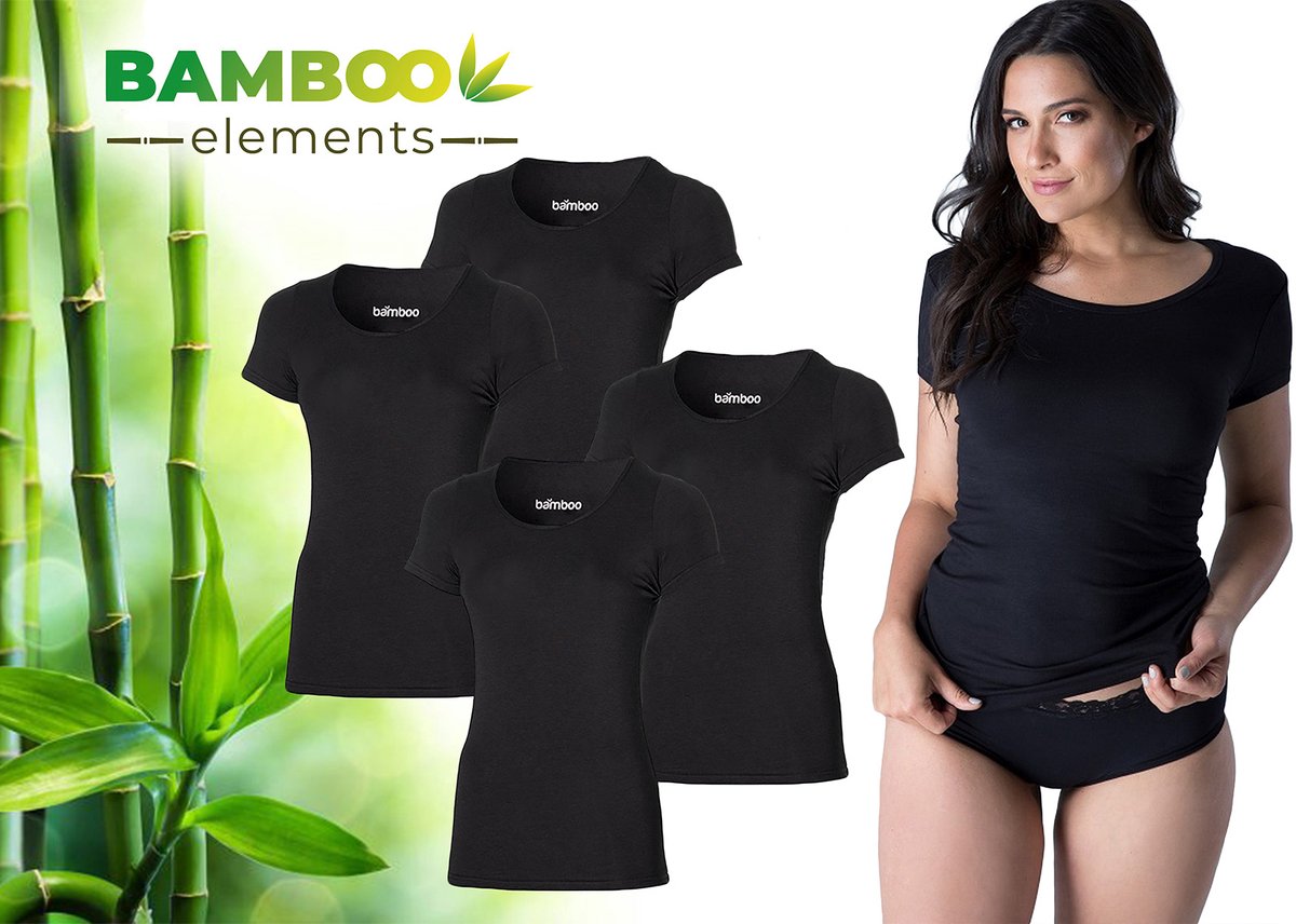 Bamboo - T Shirt Dames - Bamboe - Ronde Hals - 4 Stuks - Zwart - XL - Anti Zweet Shirt Dames - Bamboe Ondershirt - Onderhemd Dames Shirts Korte Mouw - Extra Lang