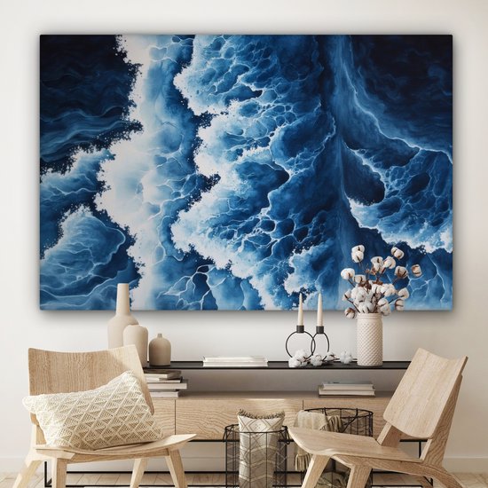 Canvas schilderij 180x120 cm - Exclusieve wanddecoratie Golven - Blauw - Schuim - Muurdecoratie woonkamer - Slaapkamer decoratie - Kamer accessoires - Schilderijen op canvas