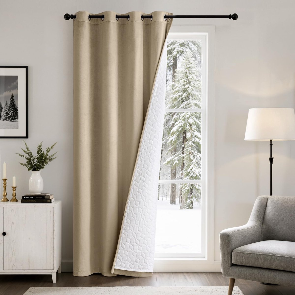 Ibenzoa Dubbellaagse verduisteringsgordijn van fluweel voor warmte-isolatie en privacy beige