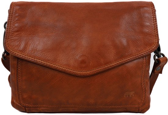 Bruine leren crossbodytas met klep, ritssluiting en Bear Design logo.
