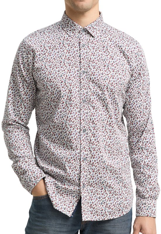 Heren overhemd met een witte basis en een print van rode, blauwe en zwarte druppels.