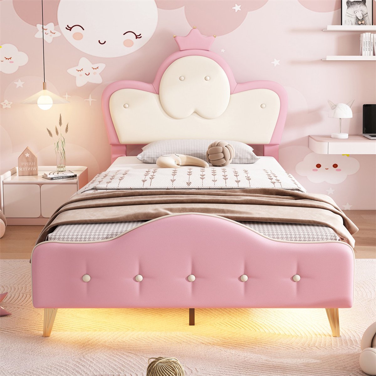 Gestoffeerd bed kinderbed 90x200 cm - Meisjes princess bed eenpersoonsbed - Hoofdbord met kroon - metalen bedpoten - zachte beschermende randen - monochrome LED-strip - golfvorm met trekpunt aan het hoofdeinde van het bed - PU - Roze - Zonder matras